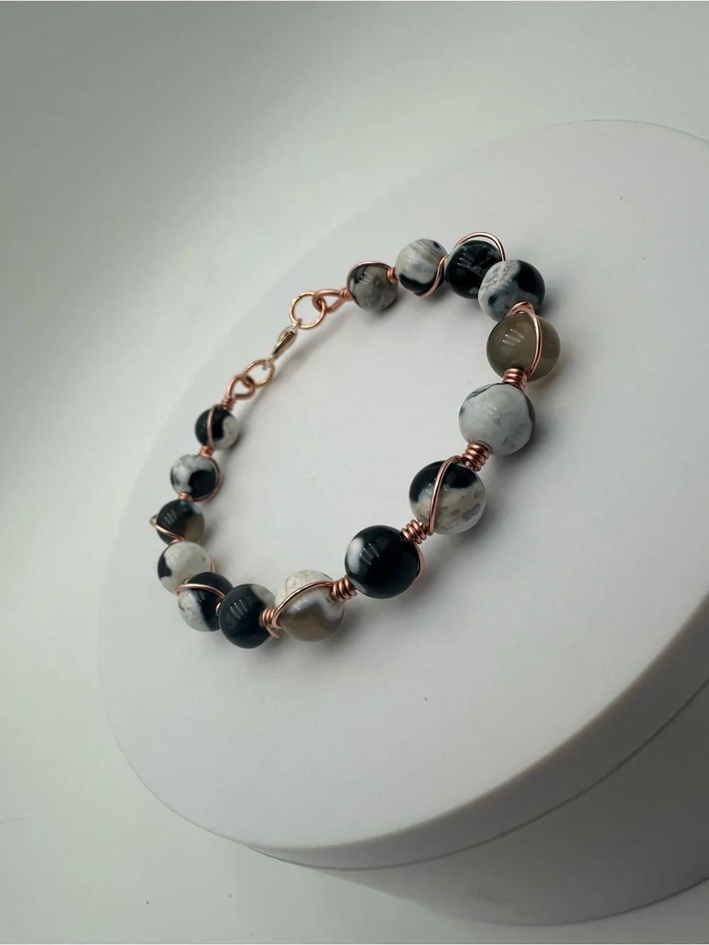 Black White Jasper Bracelet Handmade Wire Wrapped Copper Boho Natural Stone